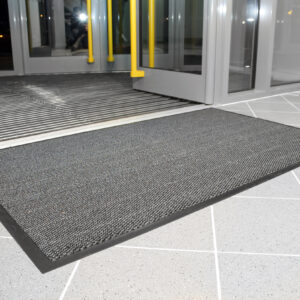 Steel coloured Plush Doormat outside building entrance