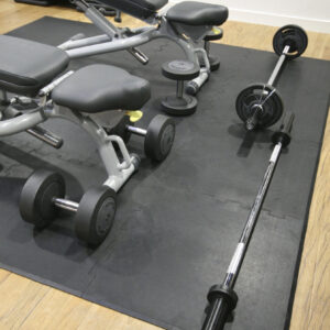 Bench and gym weights on interlocking gym tiles